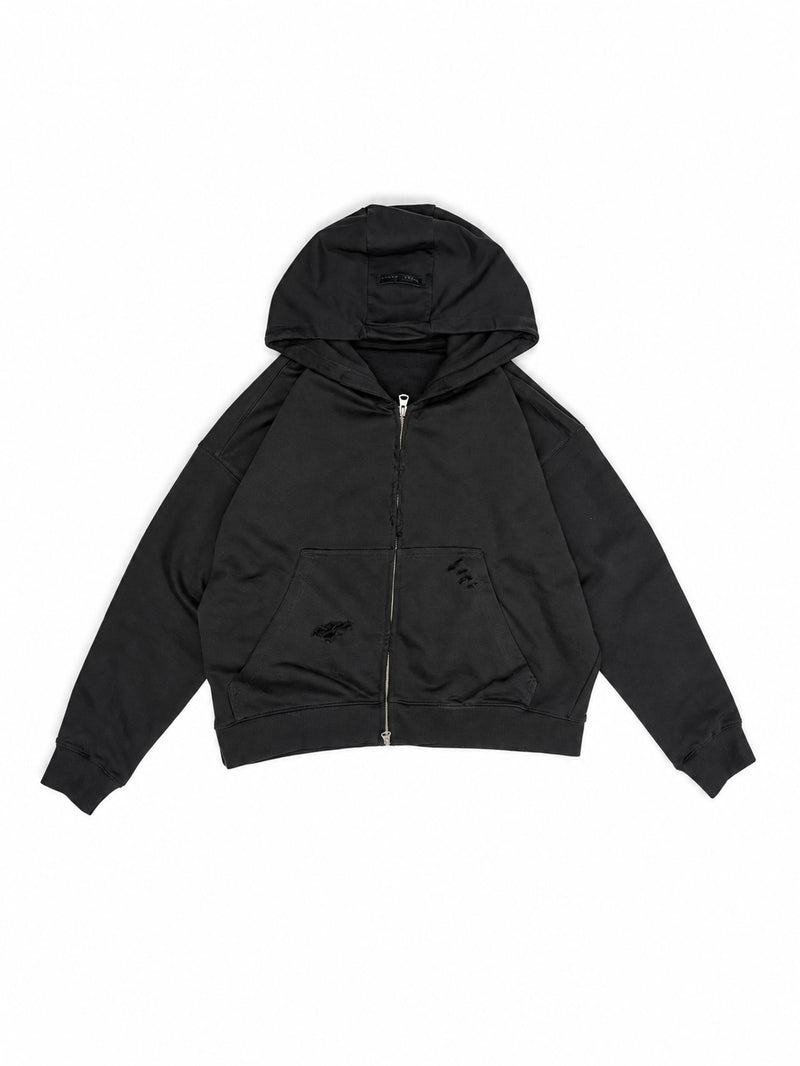 BLACK DESTROYED DOUBLE-ZIP HOODIE