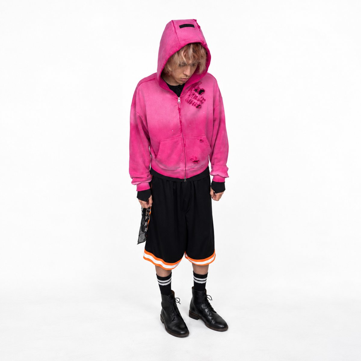 PINK DESTROYED DOUBLE-ZIP HOODIE