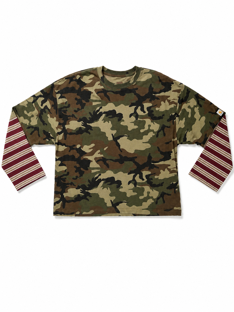 CAMO/BURGUNDY DOUBLE SLEEVE TSHIRT